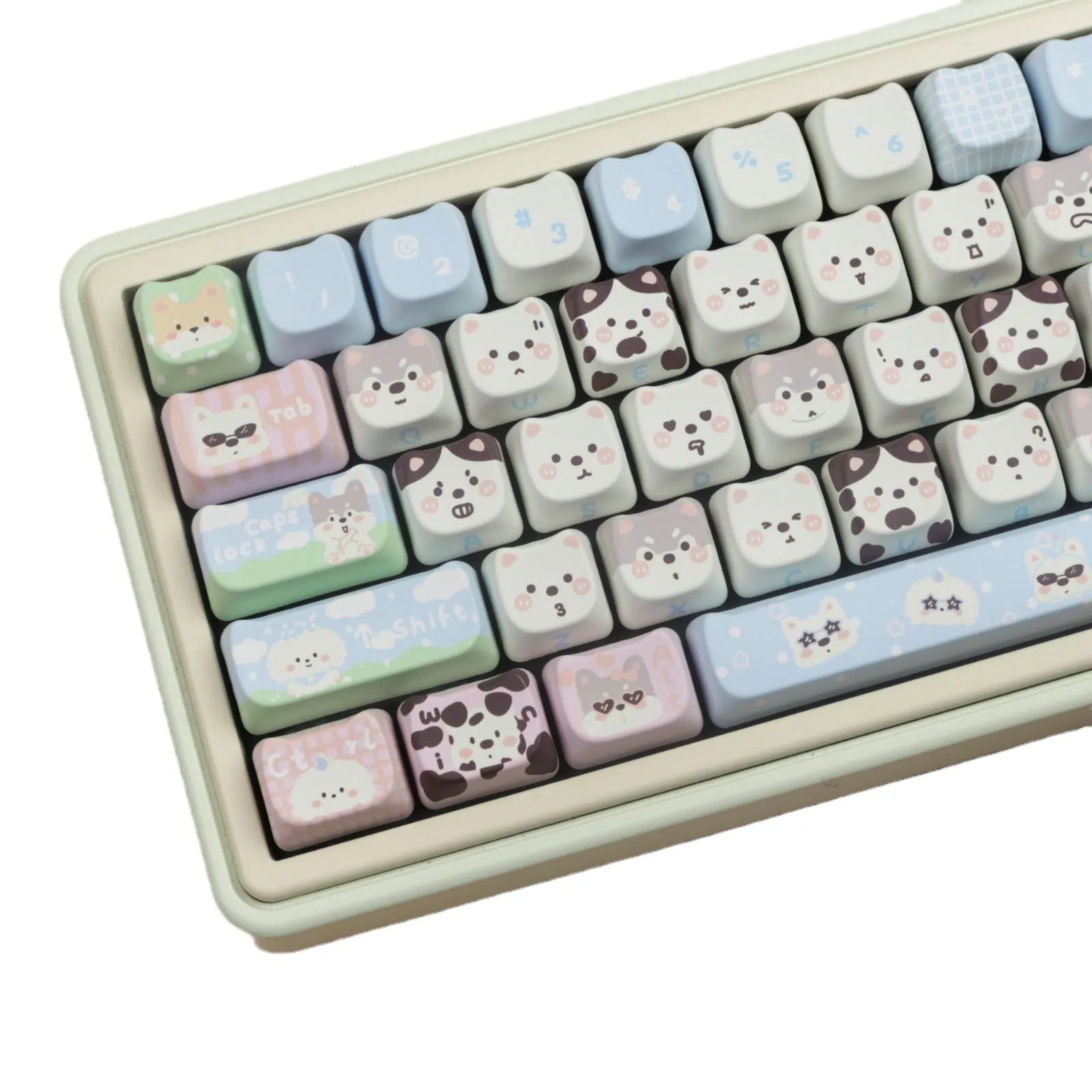 PBT dye-sublimation printed keycap set with colourful animal designs for mechanical keyboard customisation