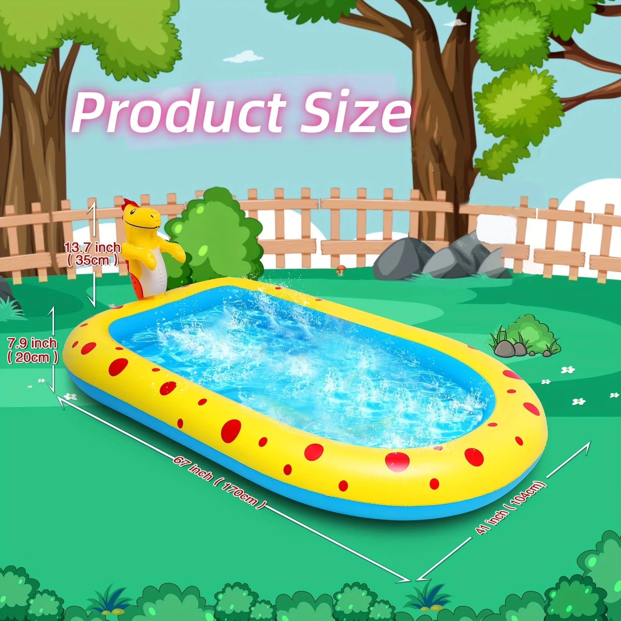 Blue dinosaur shark design inflatable water spray pool measuring 170cm long for children and pets