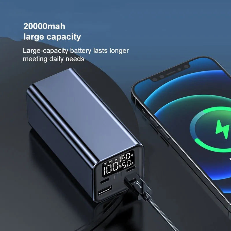 65W 20000mAh metal laptop charging bank in black showing dimensions and USB ports