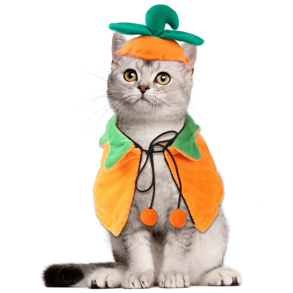 Orange plush Halloween cloak costume for a dog or cat, shown in sizes S, M, L.