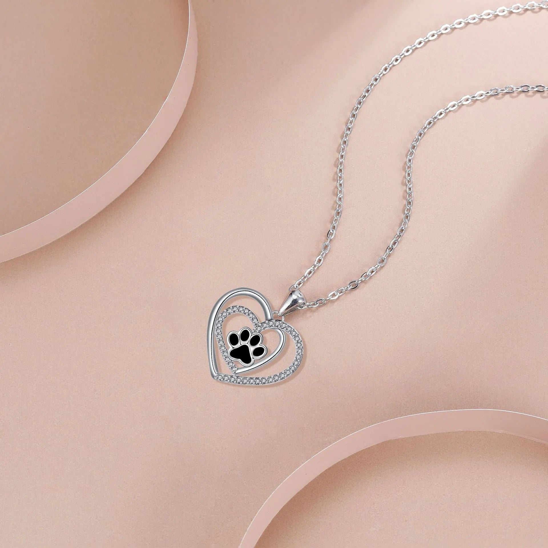 Women's dog paw print heart necklace on cross chain, electroplated copper construction