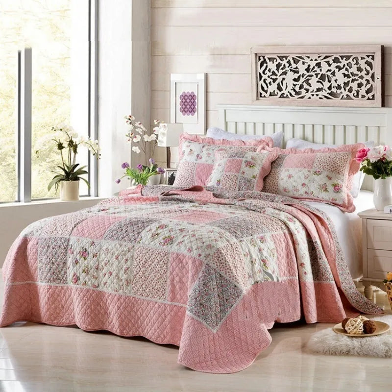 Washed pure cotton quilted three-piece bed set showing bedspread and pillowcases in a chosen colour pattern.