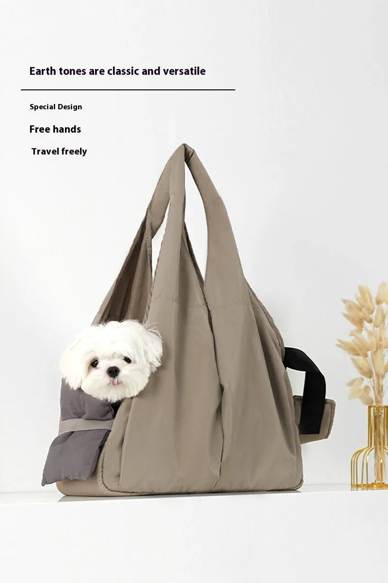 Apricot cloth pet carrier bag measuring 41cm length 16cm width 28cm height