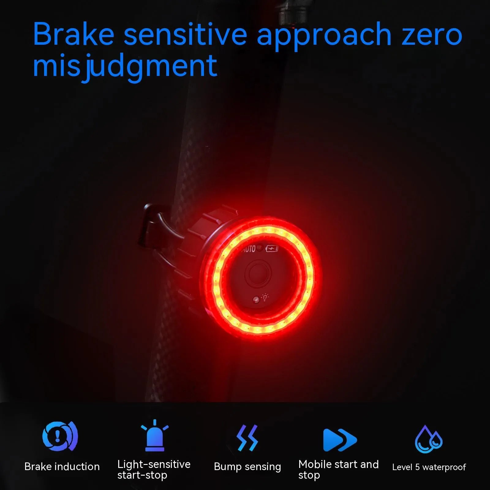 Black intelligent induction brake taillight for bicycles with aluminium alloy casing and mounting brackets