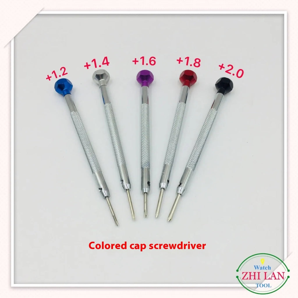 Six colour-coded aluminium handle screwdrivers for watch repair with spring steel cutter heads