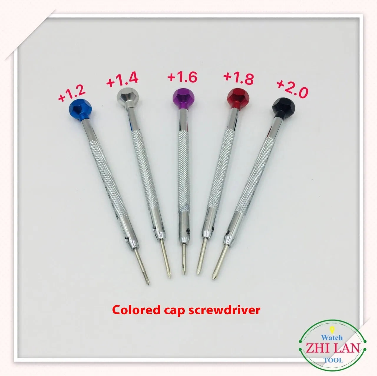 Six colour-coded aluminium handle screwdrivers for watch repair with spring steel cutter heads