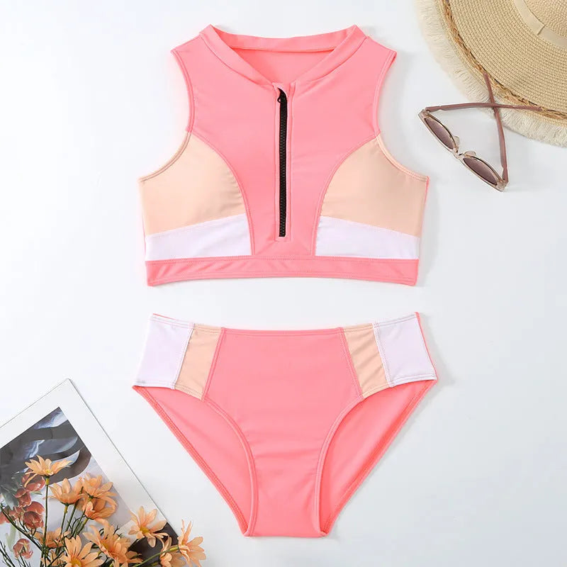 Pink high-waist split bikini swimsuit with brief styling and elastic nylon construction