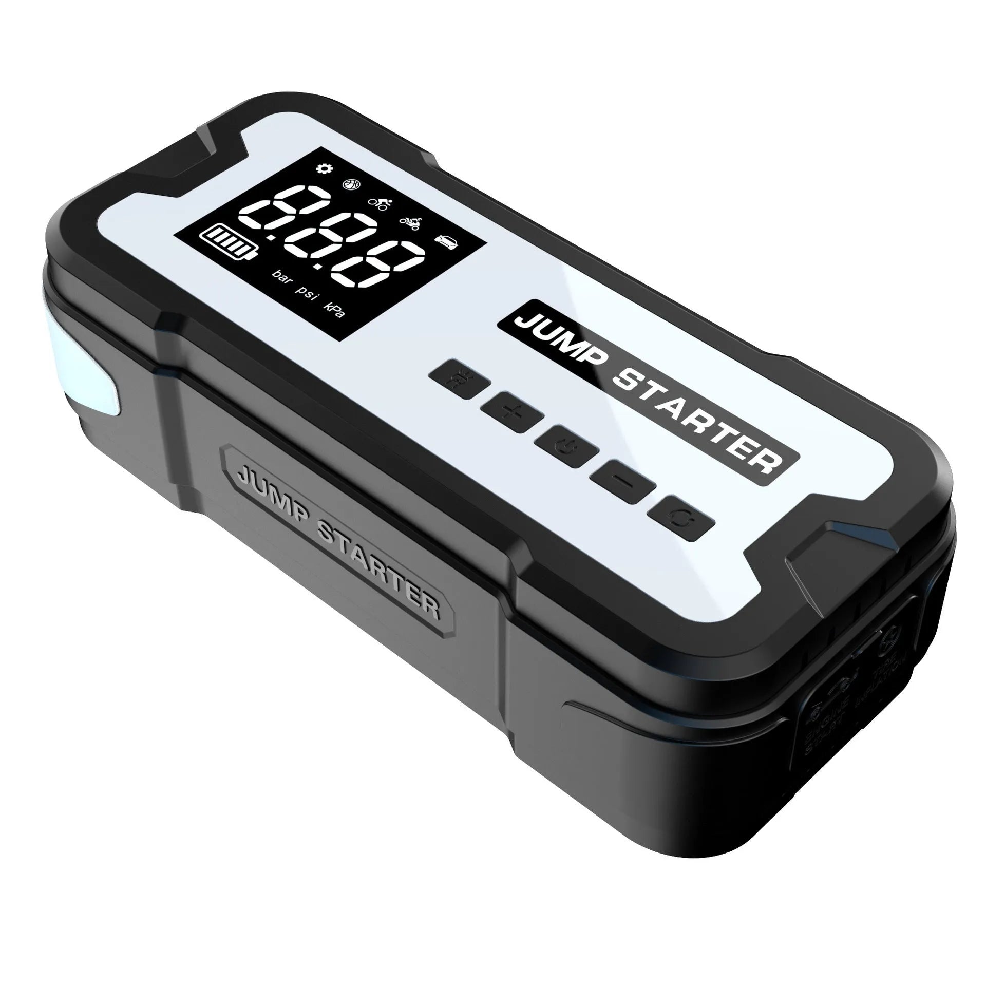 Automobile emergency start power source with clips and LED light on a grey background