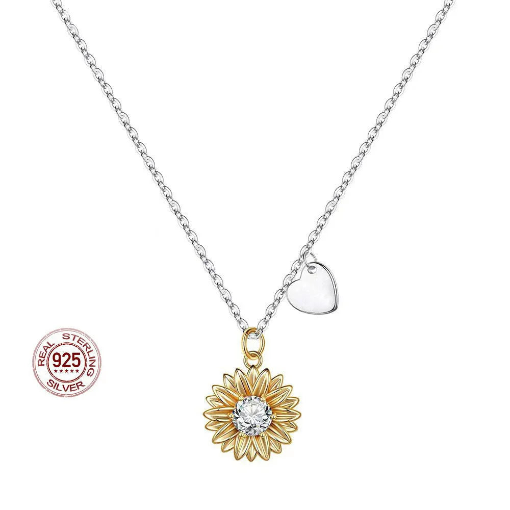 925 silver sunflower necklace with geometric daisy pendant on adjustable cross chain, length 21-50cm