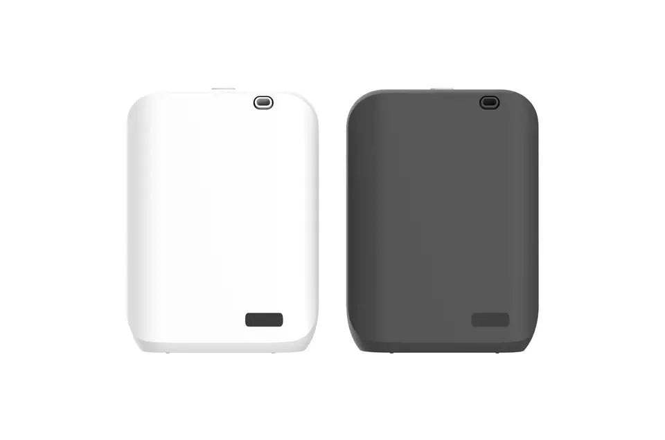 HVAC wall mount diffuser with app control in white or black colour, showing dimensions and plug adapter options