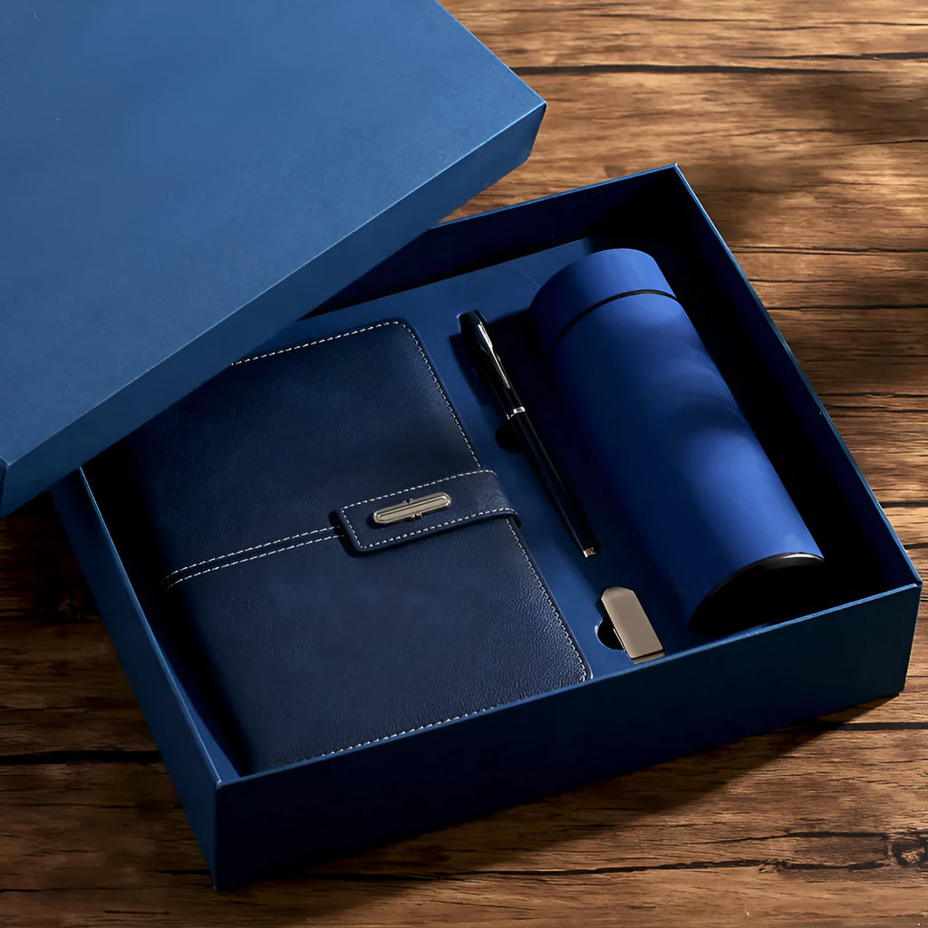 A5 notebook with imitation leather cover in selected colour, showing wood-free paper pages.