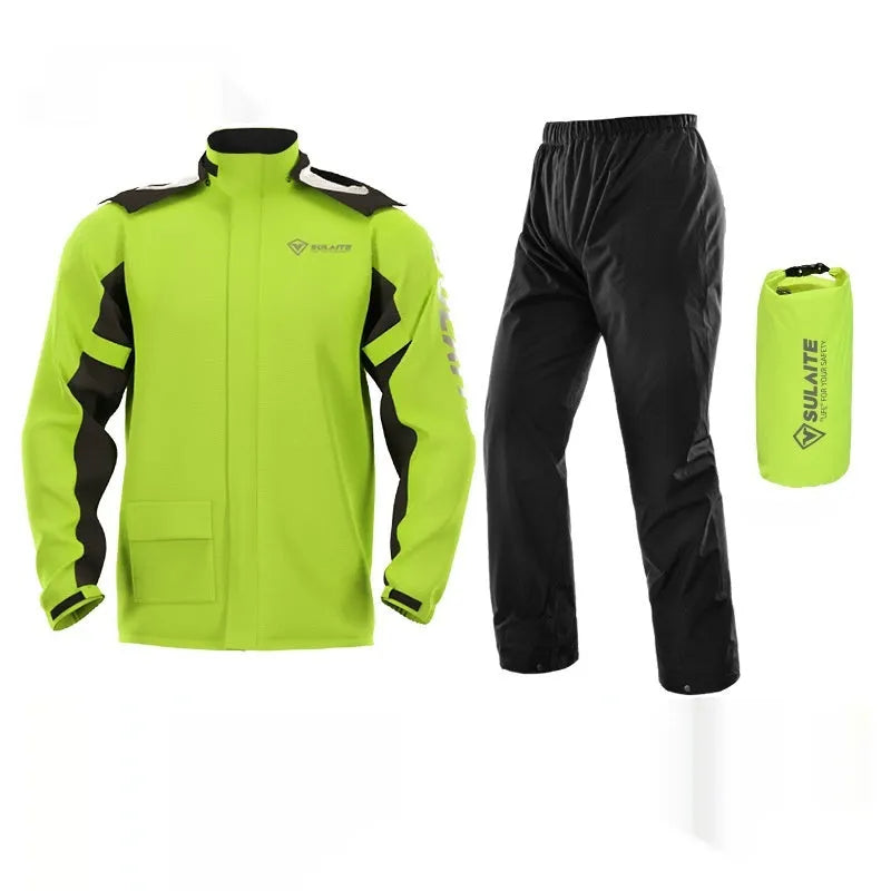 Adult motorcycle waterproof rain suit set showing split-style raincoat and trousers with shoe covers