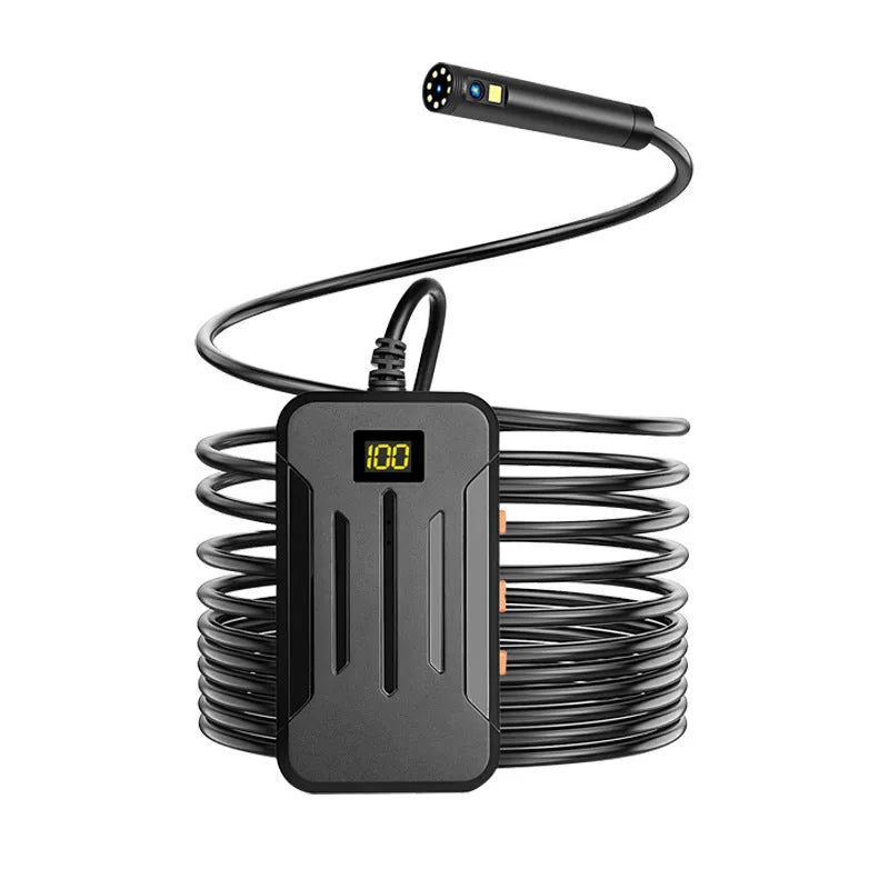 F300 WiFi dual lens endoscope camera with 5.5mm and 8mm probes, magnet, and hook accessories on a smartphone display