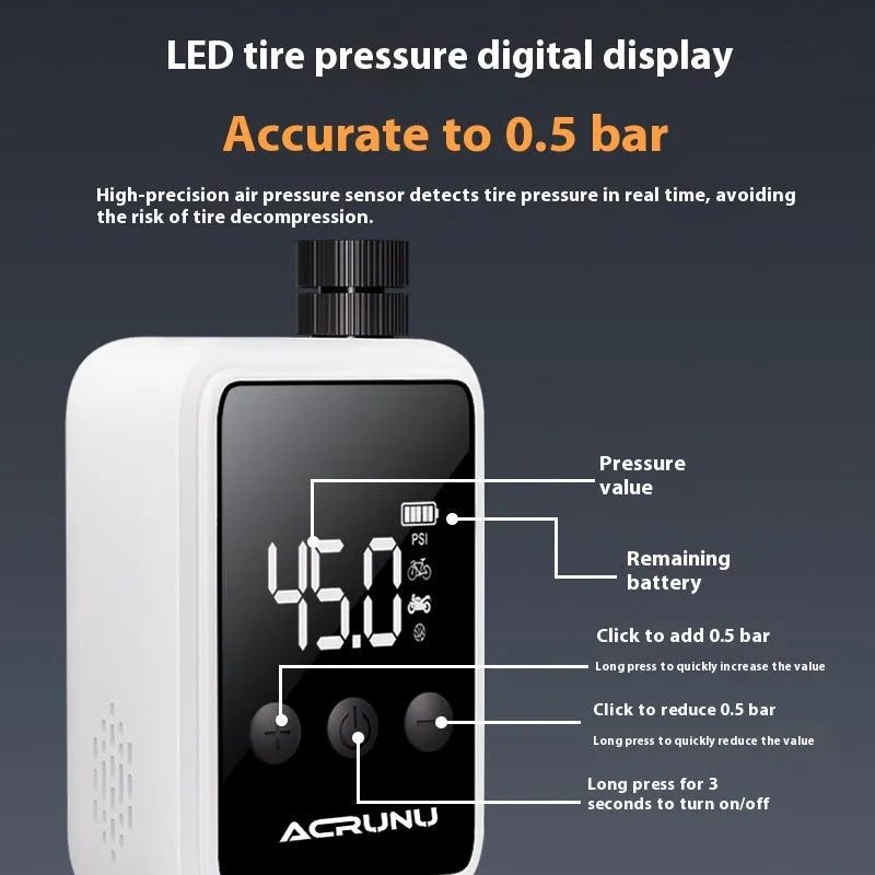 Bicycle intelligent high pressure digital display inflator in Moon White, with adapters, on a black background