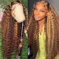 Long curly big wave front lace wig in black gradient colour on a stand, showing side bangs.