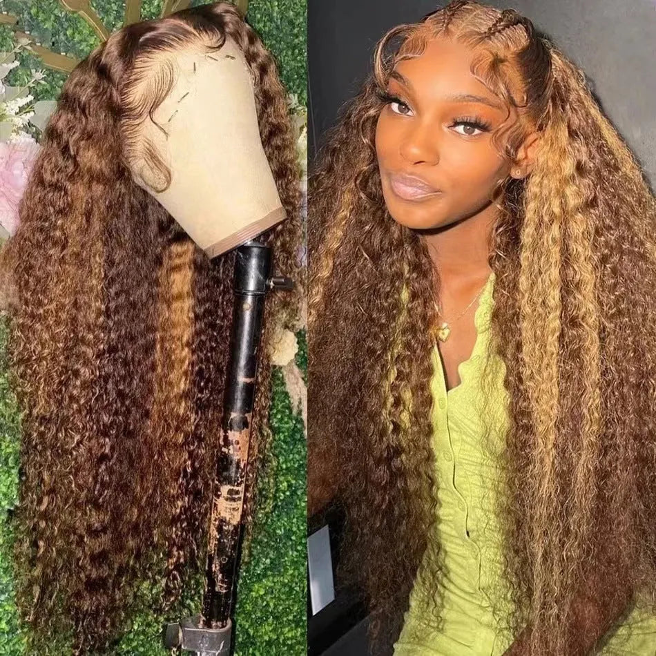 Long curly big wave front lace wig in black gradient colour on a stand, showing side bangs.