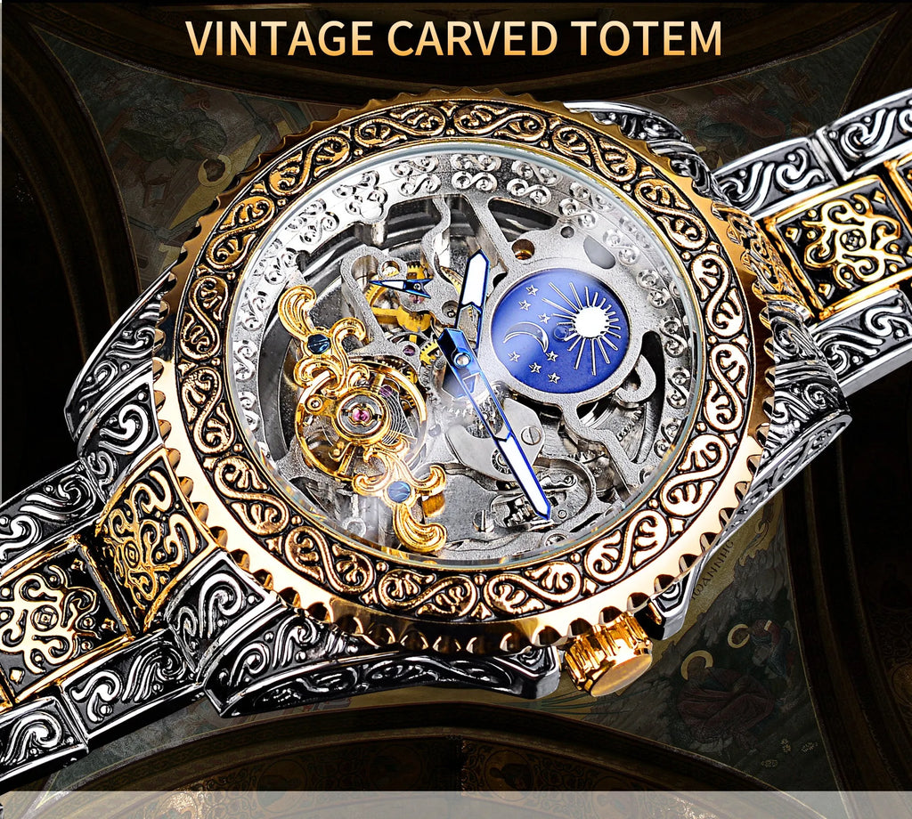 Forsining skeleton carved tourbillon mechanical watch with stainless steel case and band