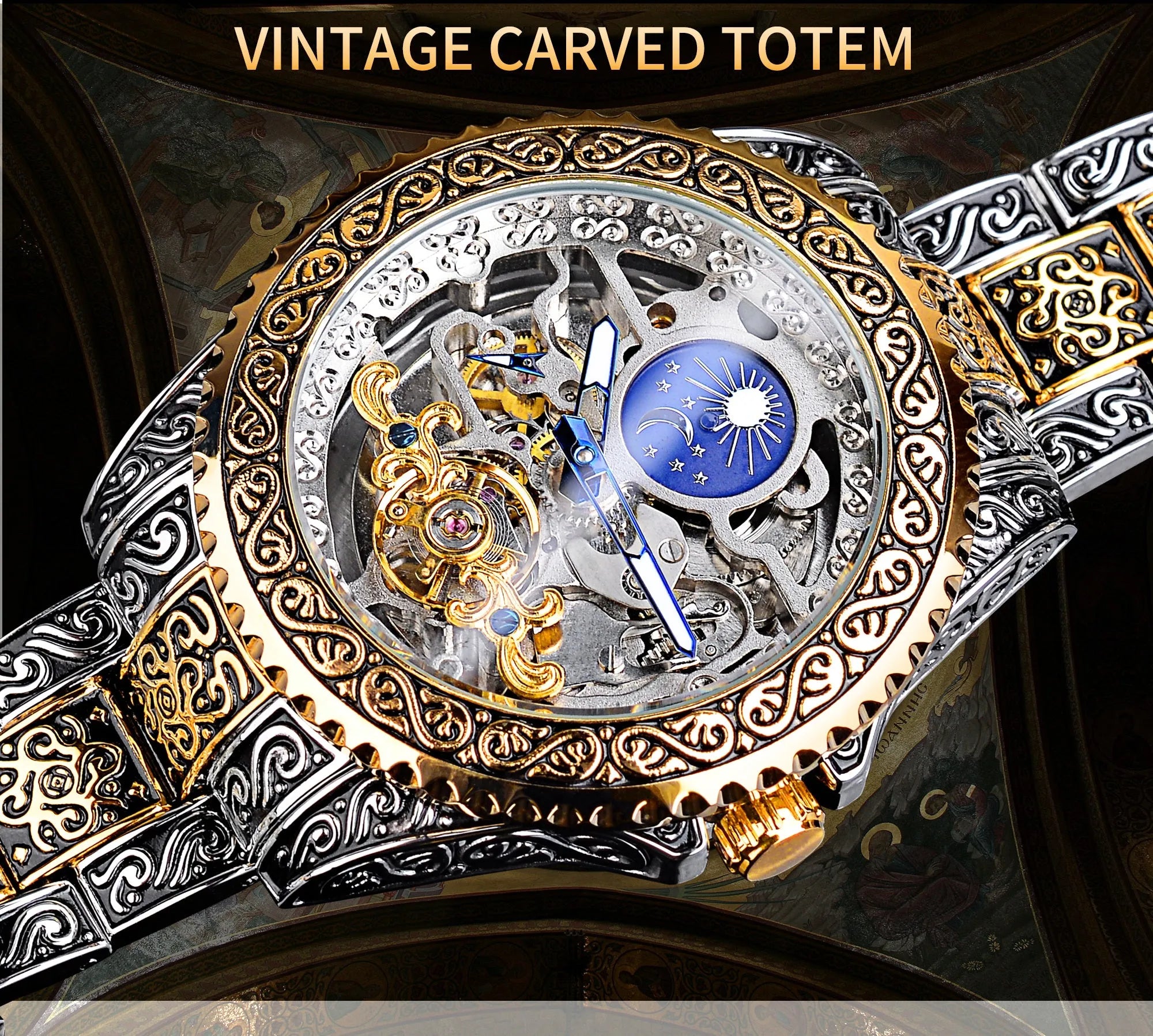 Forsining skeleton carved tourbillon mechanical watch with stainless steel case and band