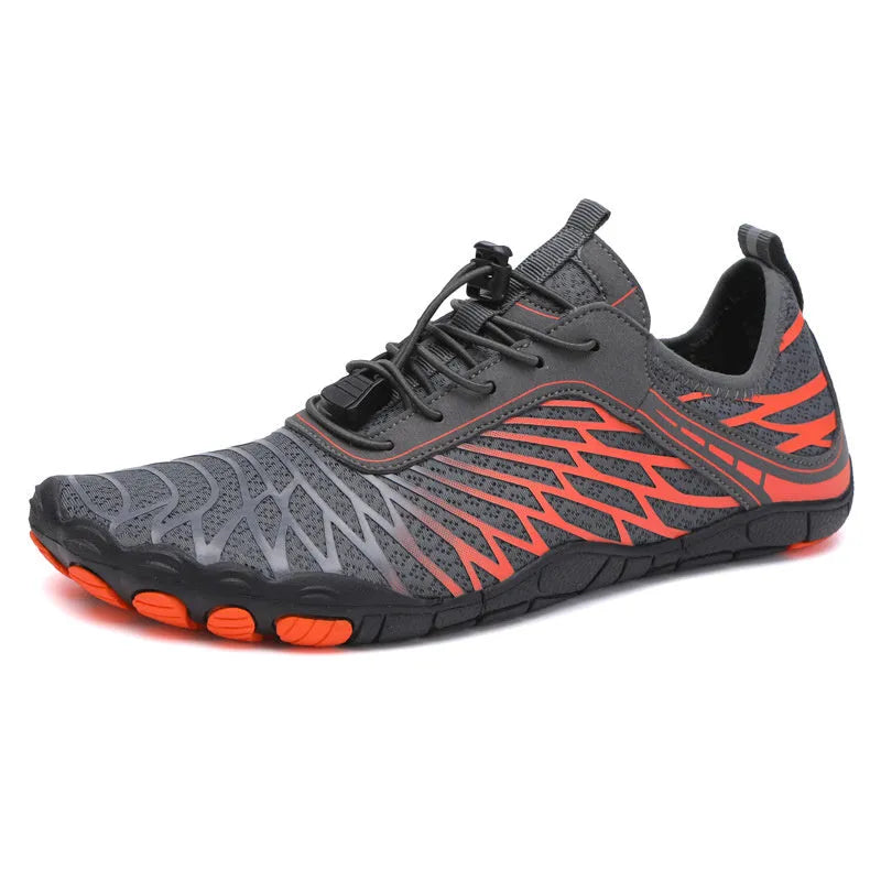 Men's white Upstream lace-up casual sports shoes with a rubber sole on a plain background.