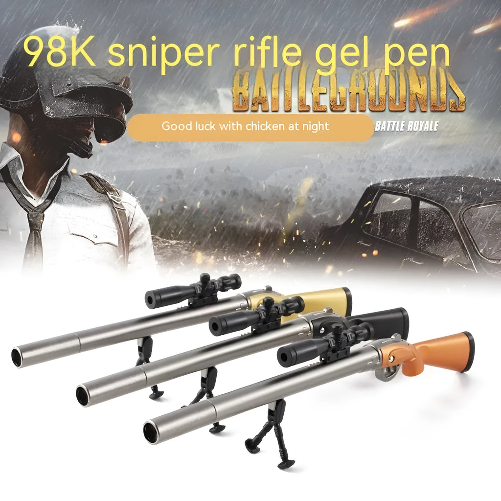Plastic gel pen shaped like a Marvel 98K sniper rifle, 140mm long with 0.5mm black ink.