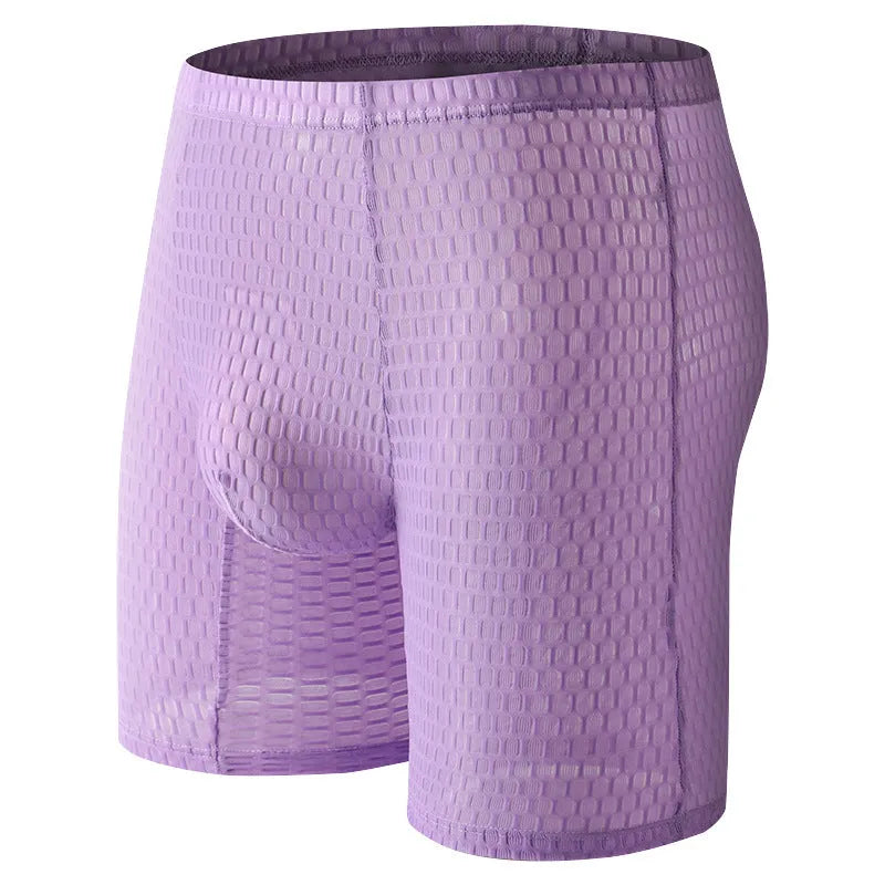Men's lace boxer shorts in a lengthened hip lifting design, shown in one of five solid colours.