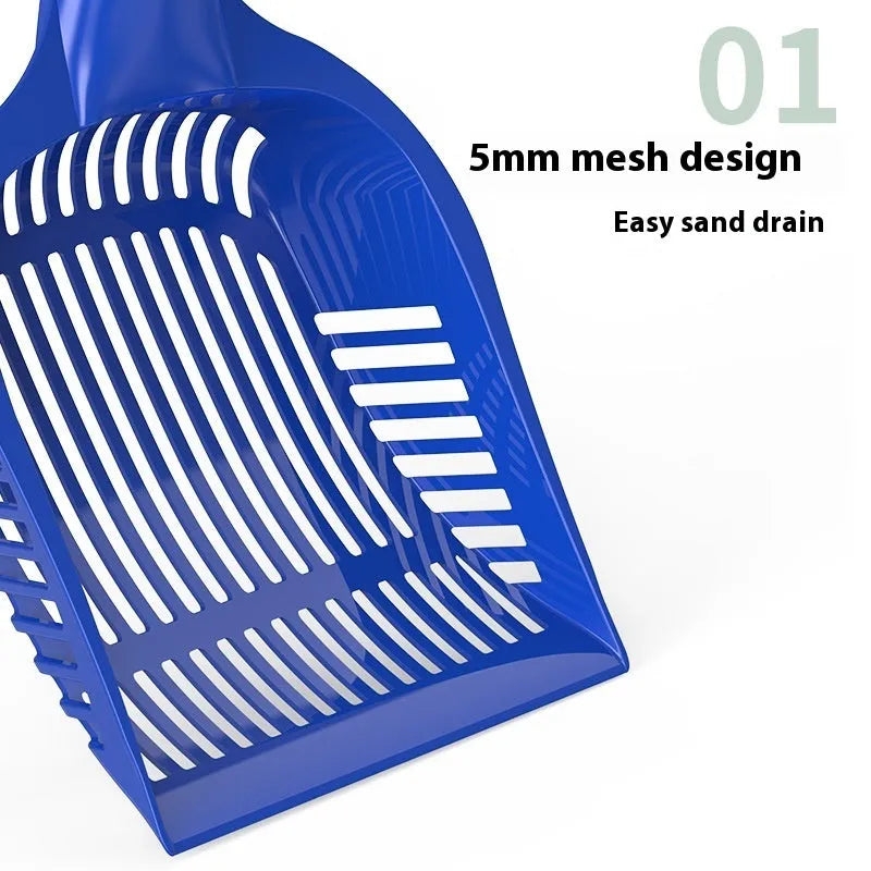 Red, yellow, and blue plastic cat litter scoops shown in small and medium sizes.