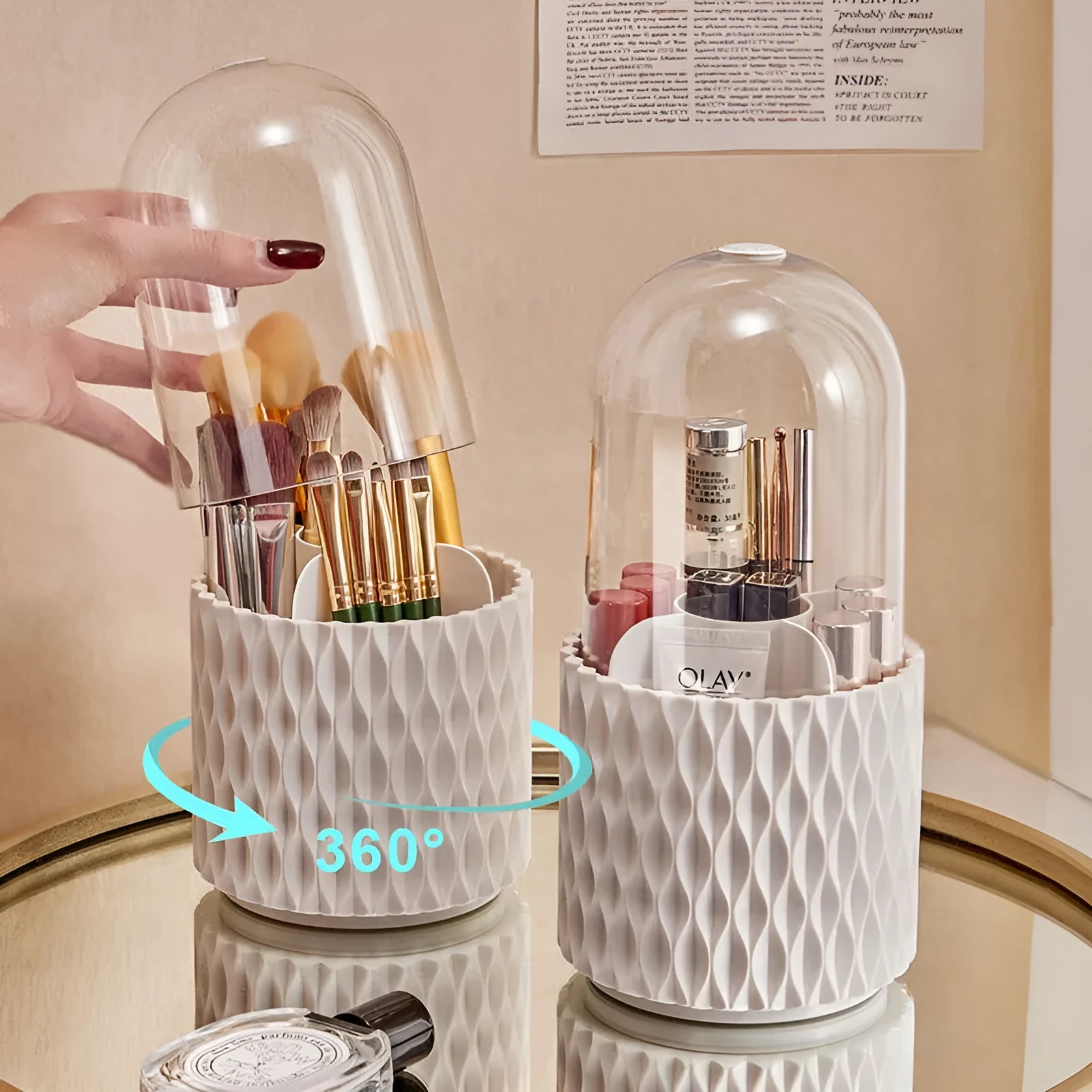 White rotating transparent makeup brush storage box with lid on desktop