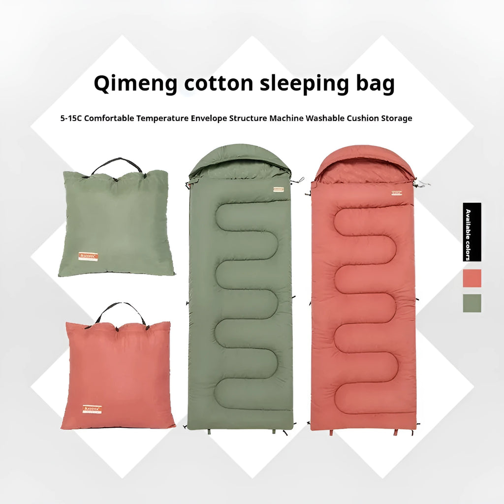 Cotton camping sleeping bag quilt in ochre or olive green colours showing lightweight portable design