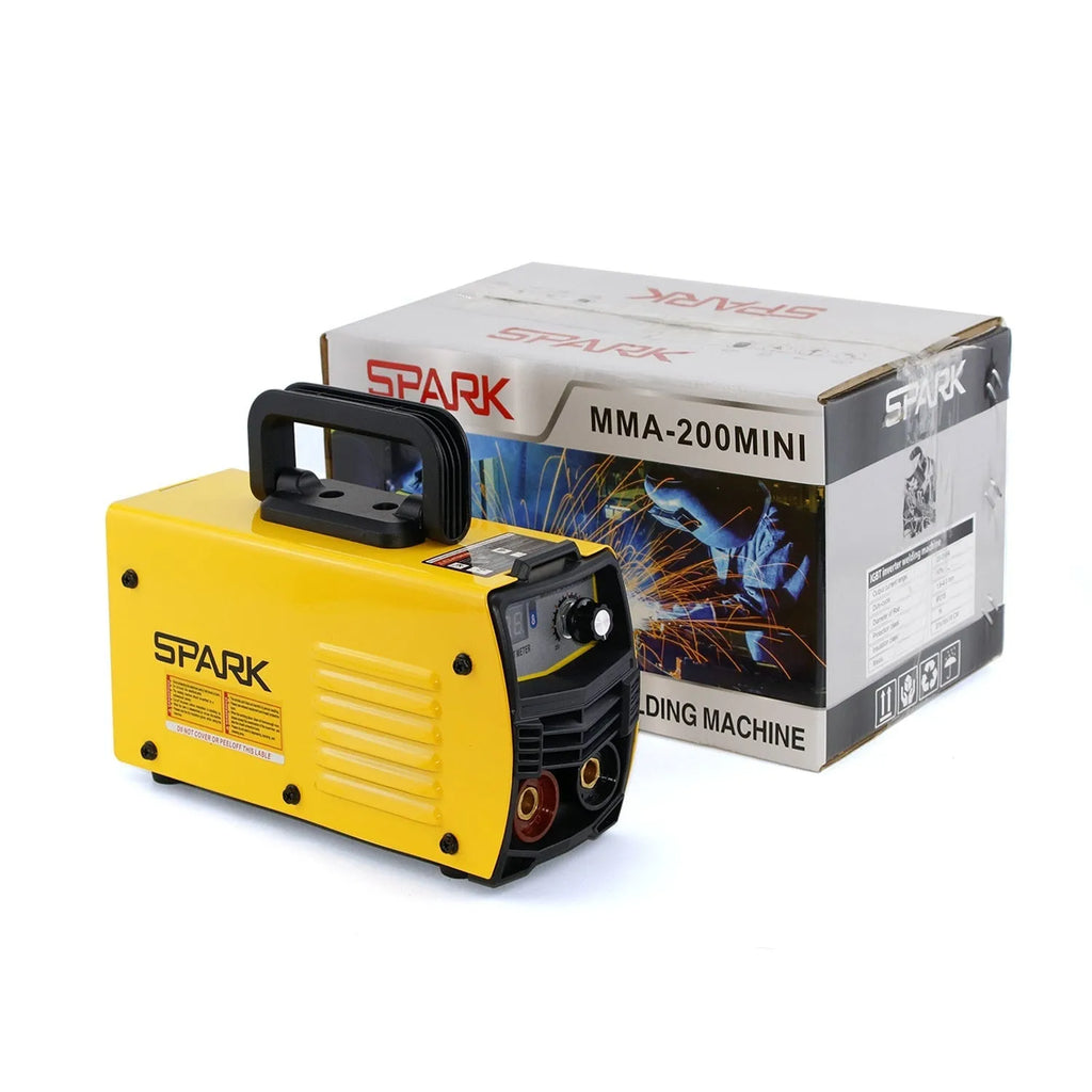 MMA-200MIN 220V inverter DC welding machine with welding tongs, grounding clamp, face shield, and brush hanger