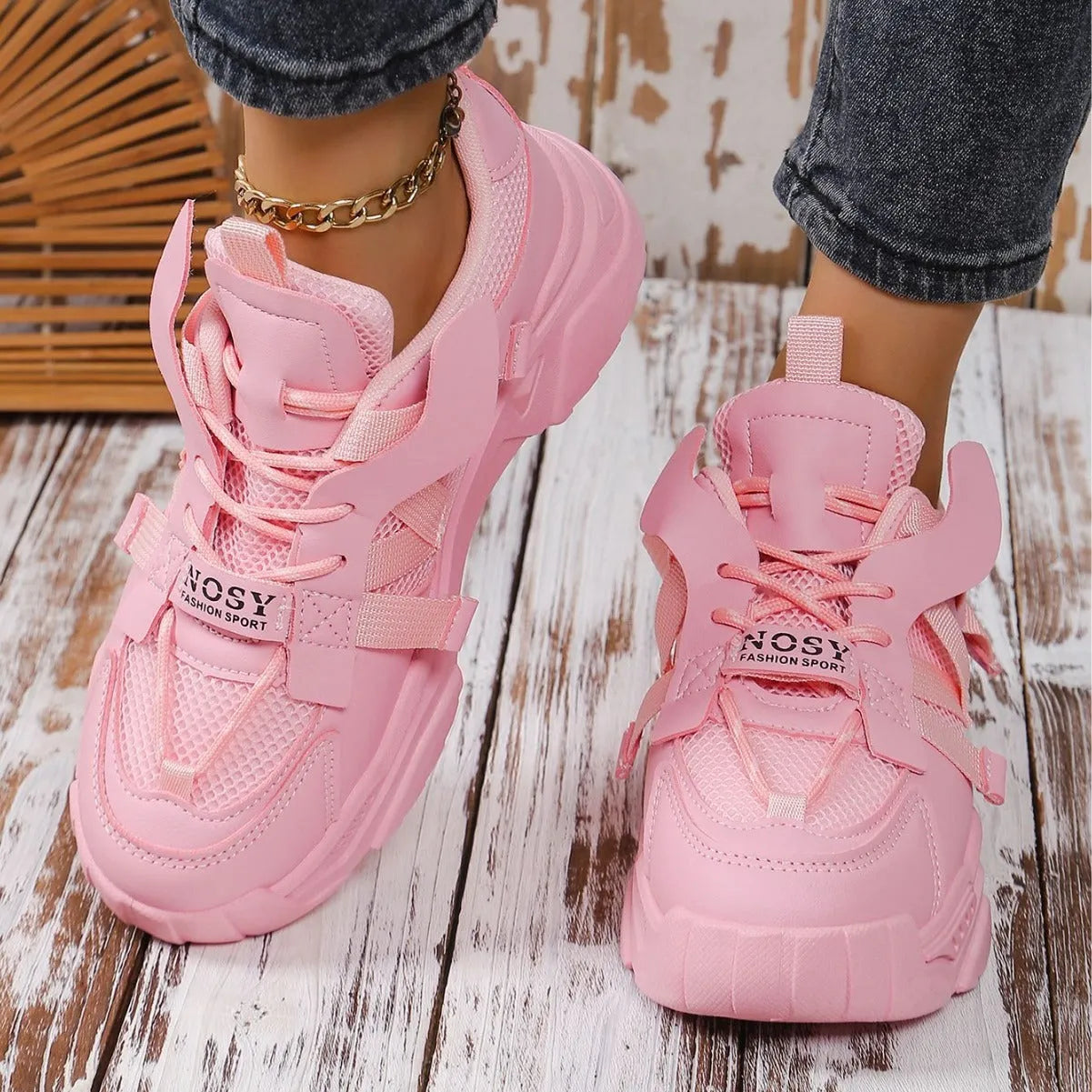Women's platform mesh sports shoes in multiple colours with animal pattern design and lace-up closure