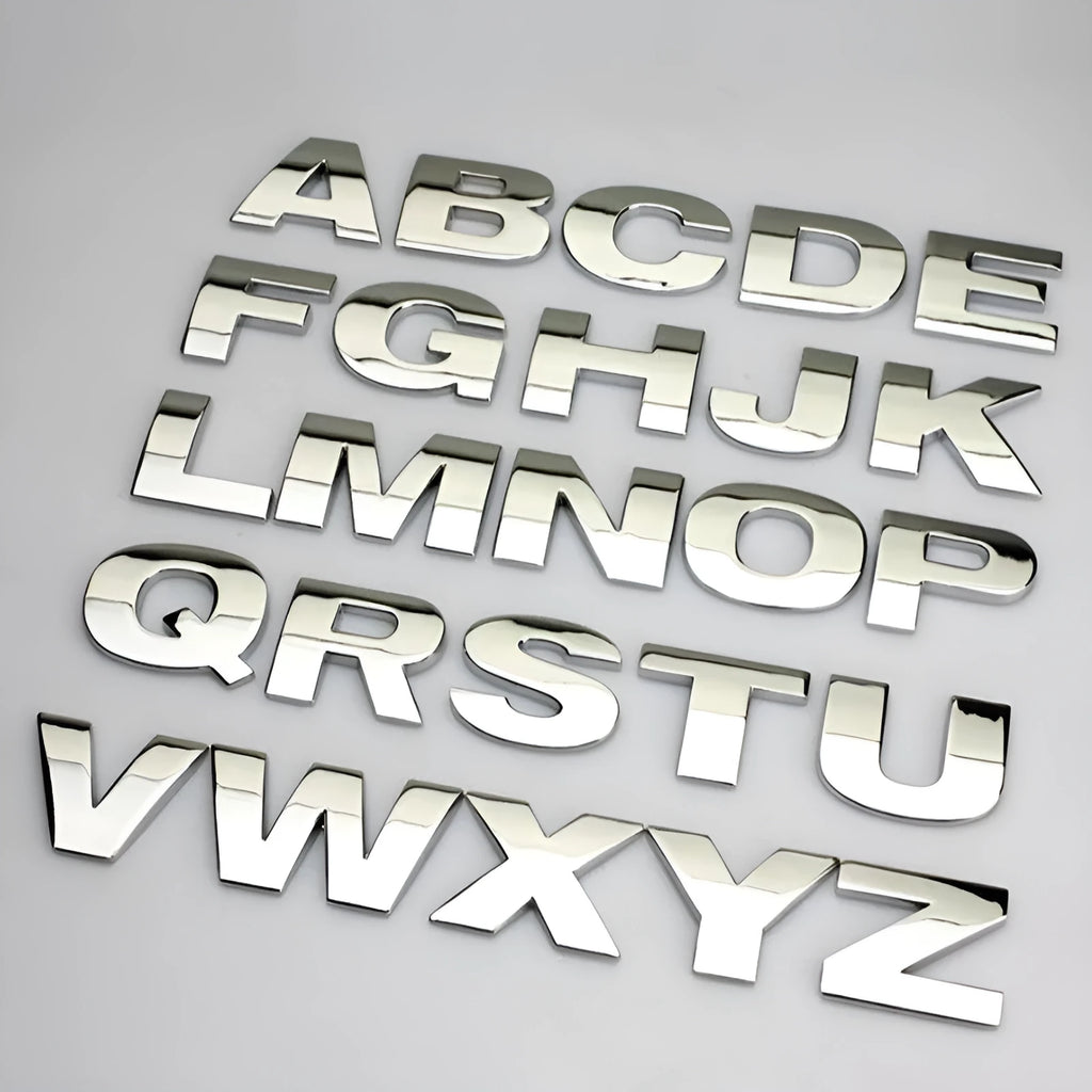 3D metal car bumper sticker showing raised zinc alloy English letter on adhesive backing