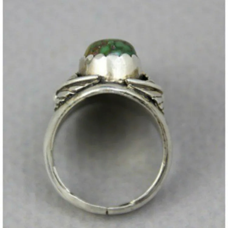 Turquoise retro ring with geometry inlaid pattern on alloy band