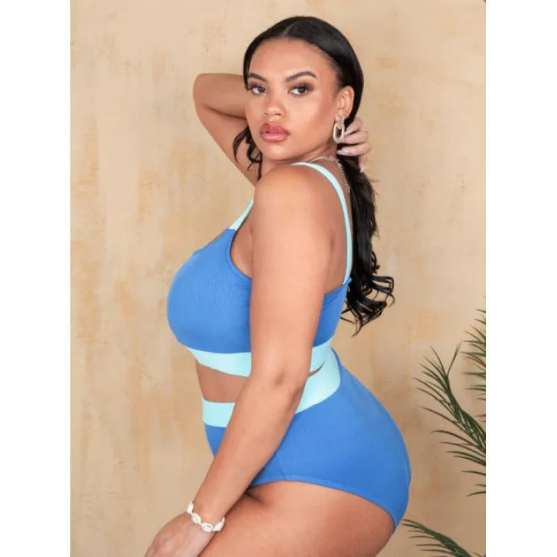 Women's high-waisted bikini set in pure colour polyester fabric with bandeau top