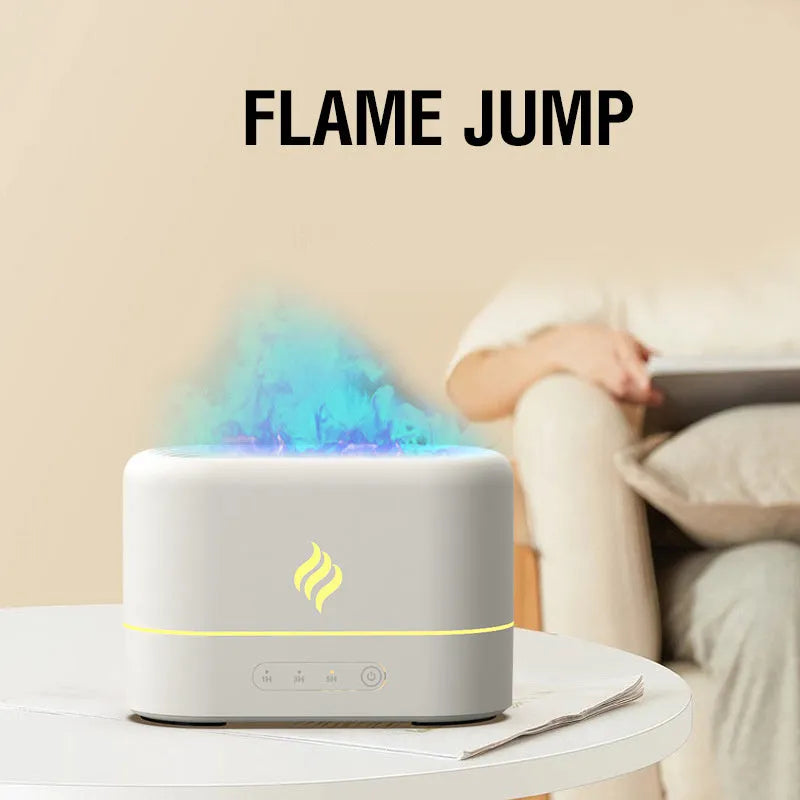 Black USB mist humidifier with seven-colour flame effect on wooden table