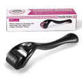 Black and purple derma rollers with titanium microneedles, showing size options from 0.2mm to 1.0mm
