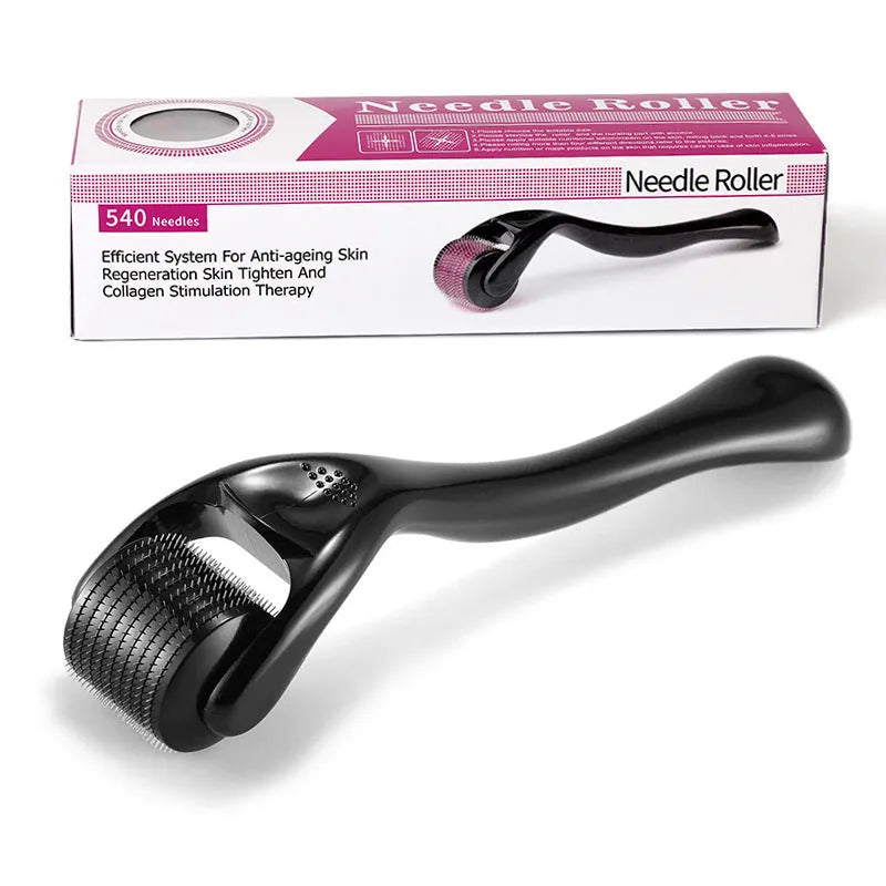 Black and purple derma rollers with titanium microneedles, showing size options from 0.2mm to 1.0mm