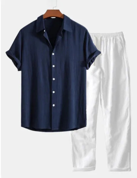 Men's casual cotton linen short sleeve suit in multiple colours with half sleeves and trousers
