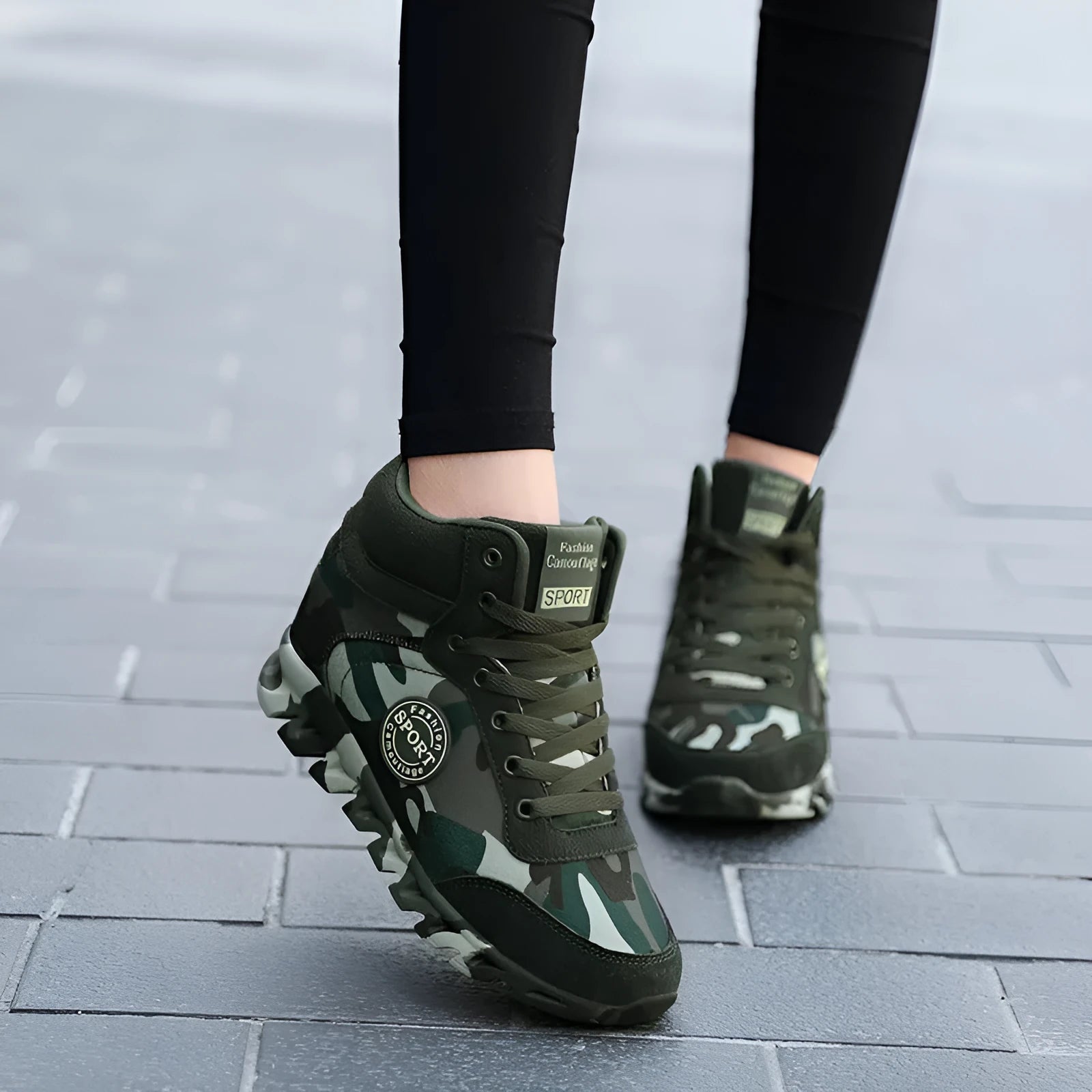 Green women's canvas sneakers with camouflage pattern and rubber soles