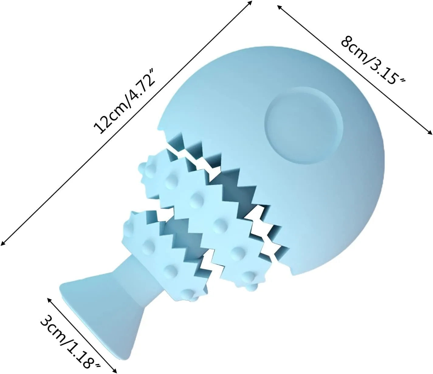 Blue fish bone shaped rubber dog chew toy with a hole for treats on a white background.