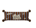 Blue cartoon animal print decorative pillow on a grey sofa.