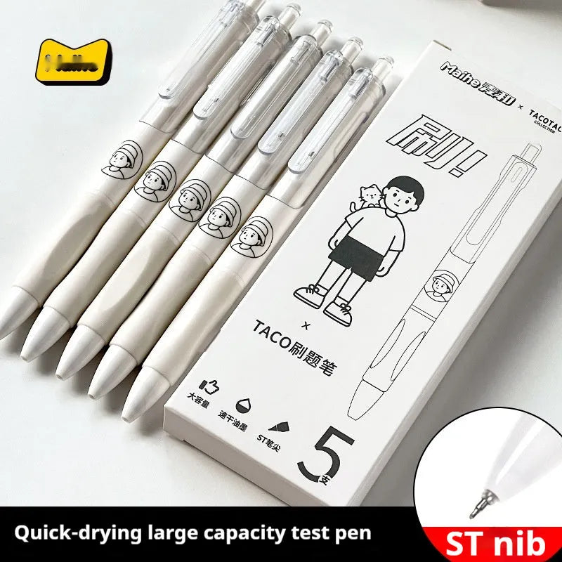 Five white plastic ballpoint pens with black ink and 0.5mm tips for writing and signatures.