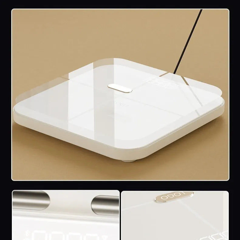 White professional 8-electrode body fat scale with tempered glass platform and LED display.
