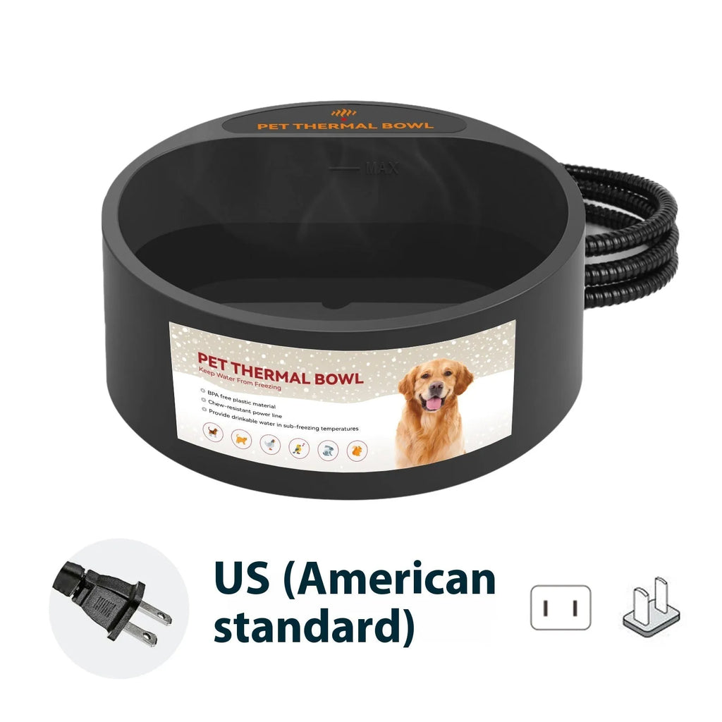 Black ABS plastic heated pet feeding bowl for cats and dogs with a 2.2-litre capacity.
