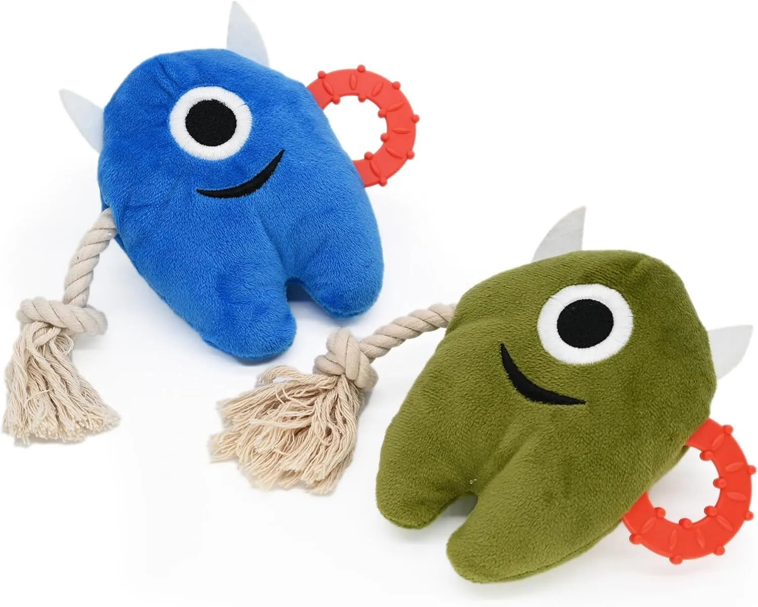Blue and green monster dog toys with plush bodies and cotton rope limbs.