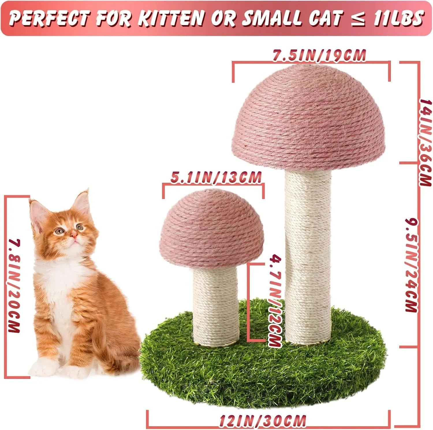 Pink mushroom-shaped cat scratching post with natural sisal scratching surfaces