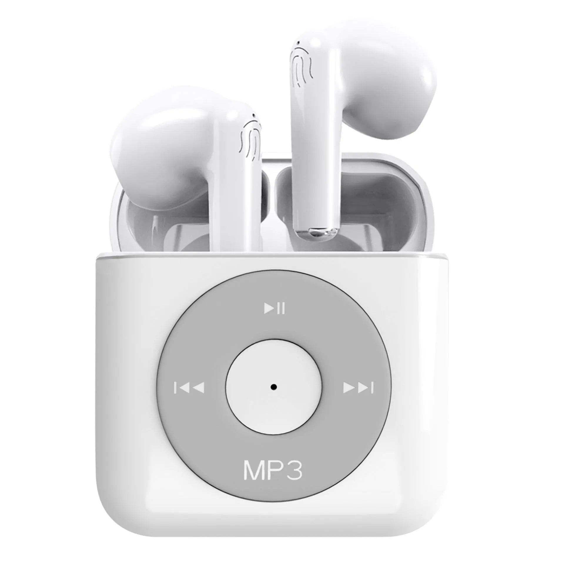 White wireless Bluetooth earphones with a semi in ear design and a matching charging compartment case.