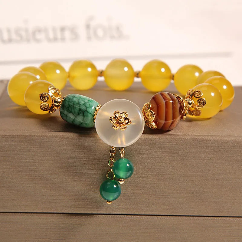 Khaki yellow agate crystal bracelet with gold silk thread for women