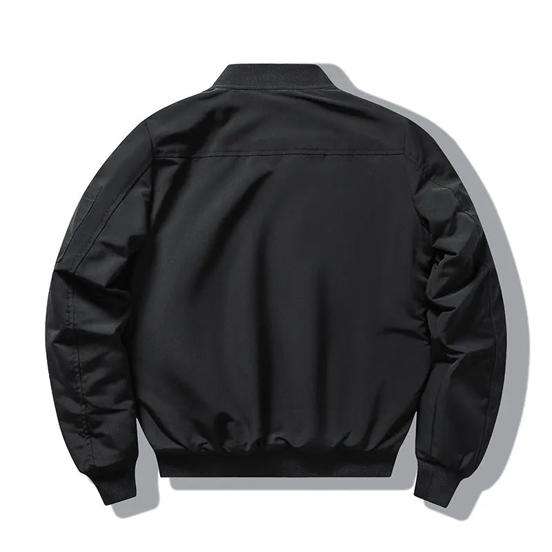 Men's slim-fit stand collar motorcycle coat in black with retro embroidery and patch pockets