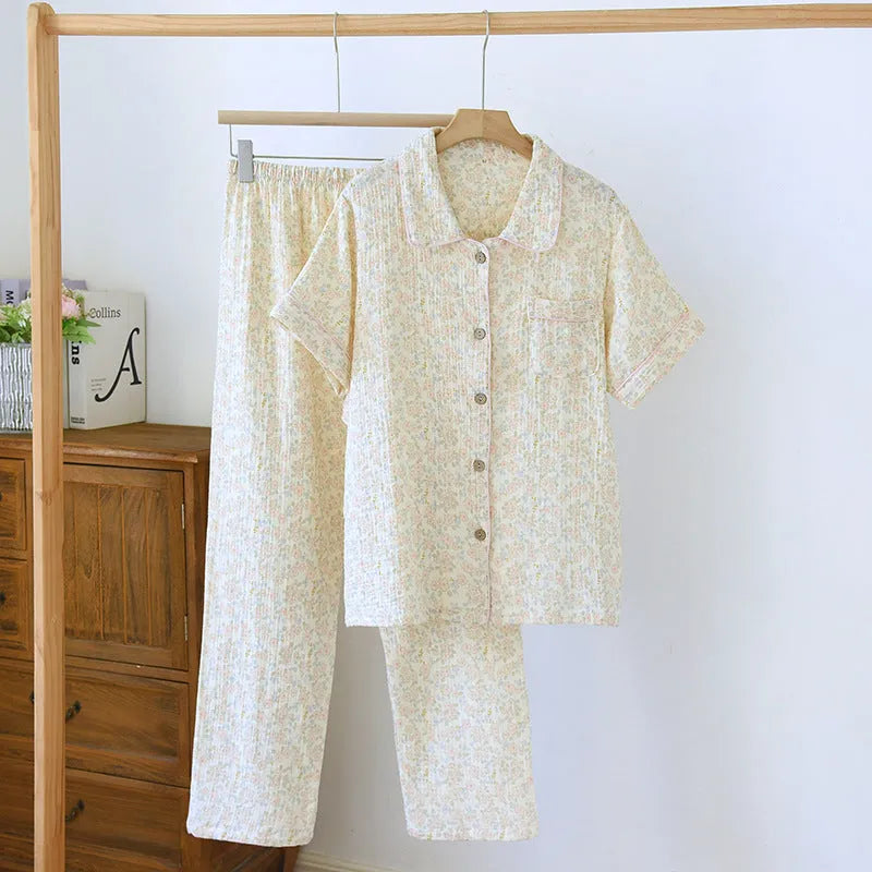 Washed cotton short-sleeve top and loose trousers casual set in yellow plaid design.