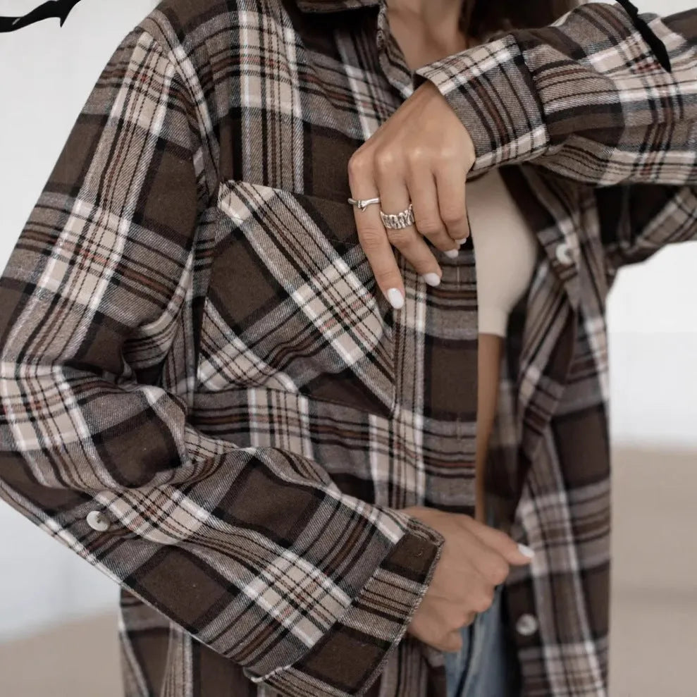 Women's dark brown striped long sleeve shirt with retro styling and cotton fabric